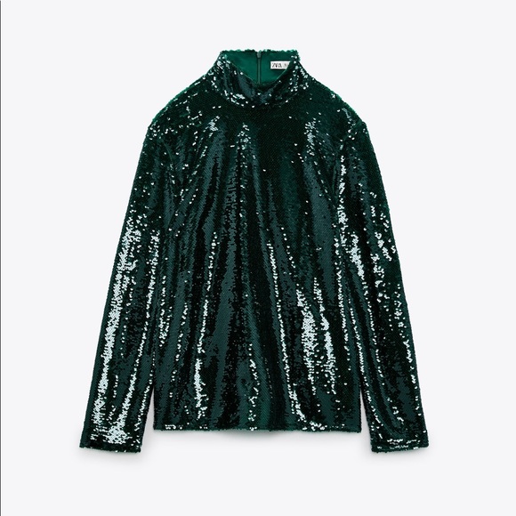 ZARA Sequin High Neck Top Green - Picture 3 of 8